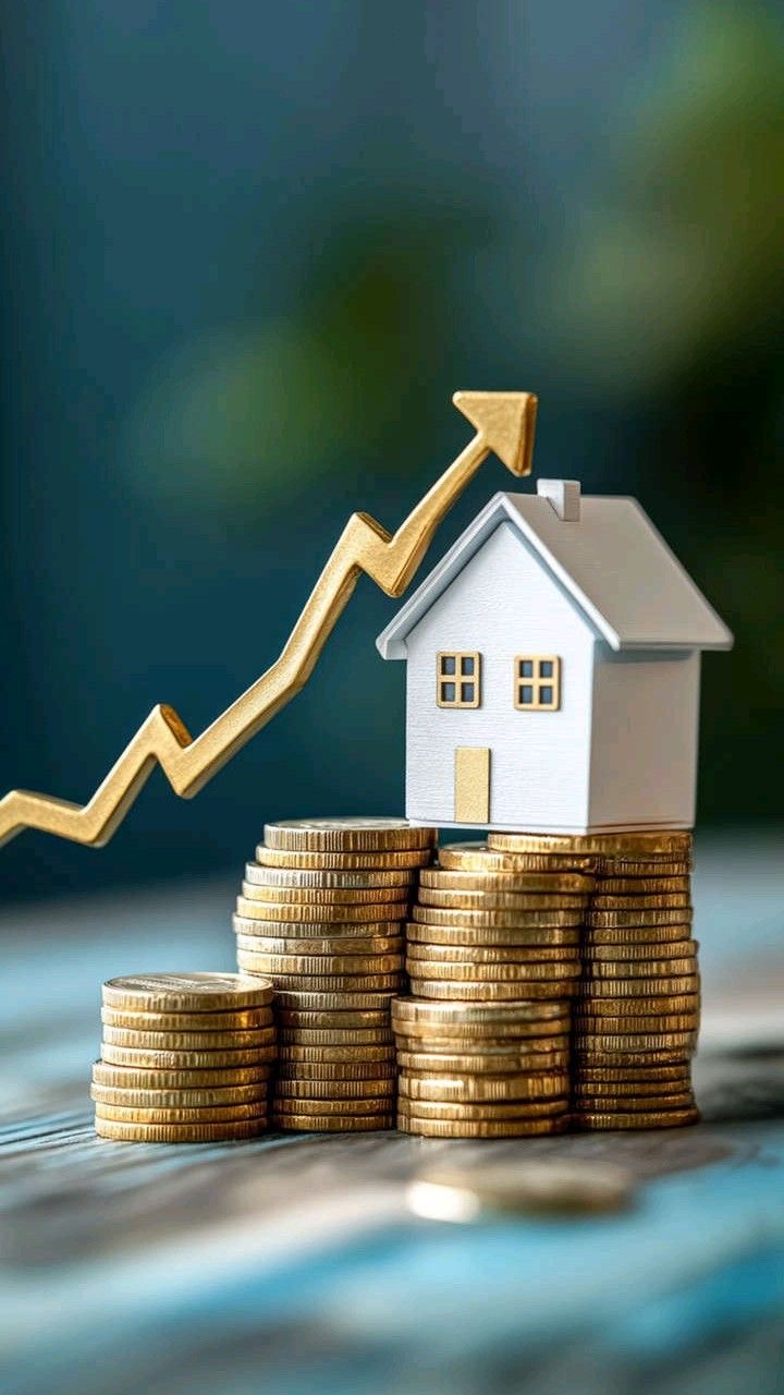 Casa em miniatura sobre moedas e gráfico de crescimento, representando capital e patrimônio